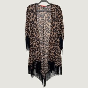 I Love Women Kimono One Size Brown Leopard Fringe Trim Sharkbite Sheer Boho Wrap
